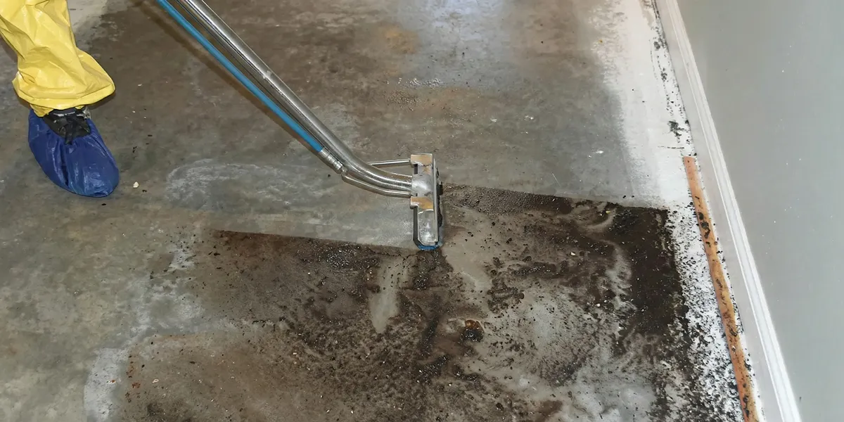 sewage removal technicians extracting contaminated wastewater from a residential floor in Columbia, MO